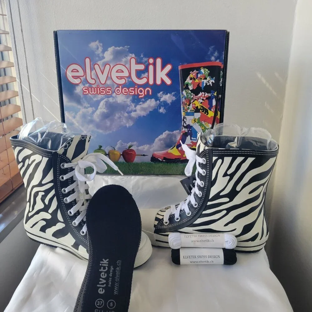 NWT - Elvetik Zebra Stripes Rubber Lace-up Boots Swiss Design (US Size 5)